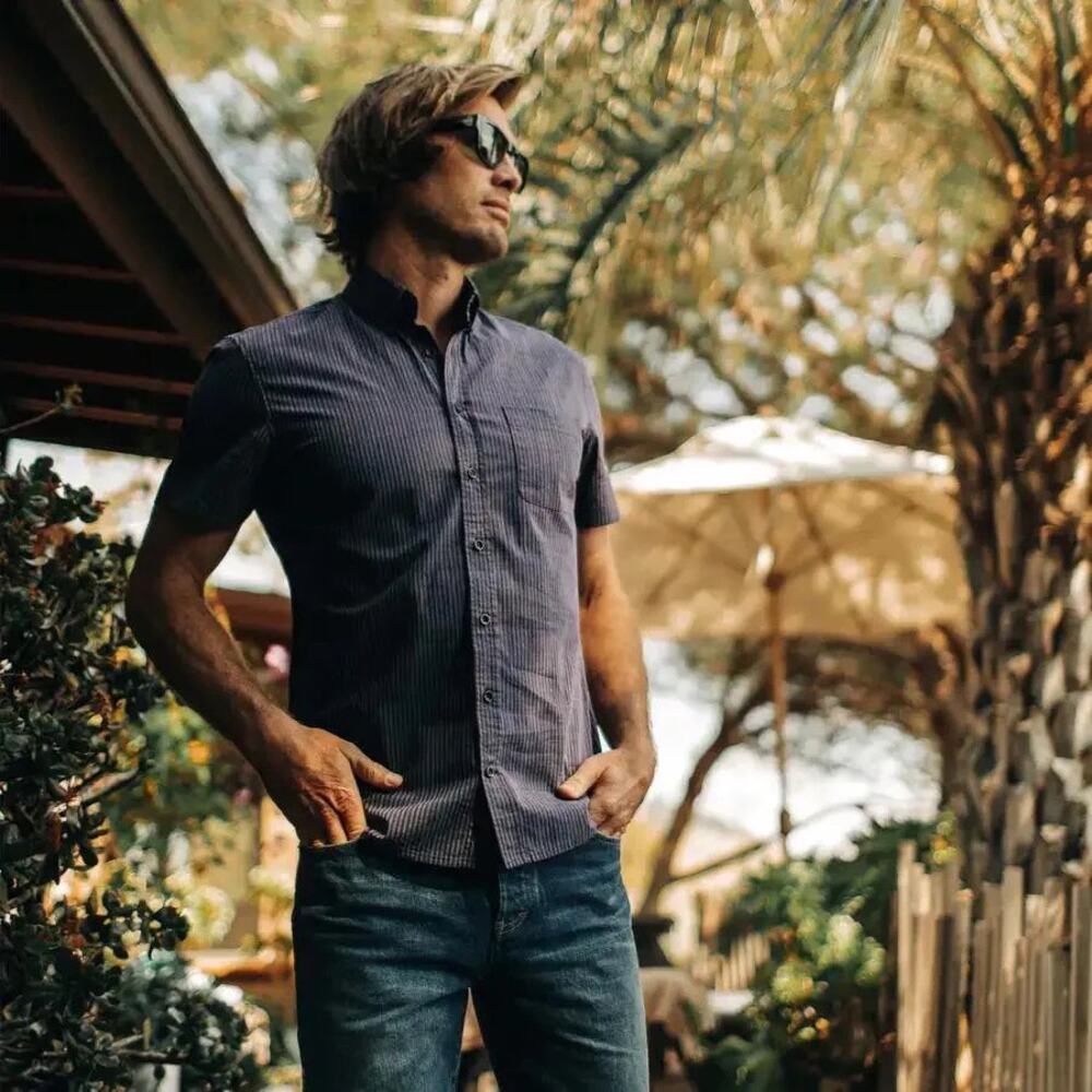 Taylor Stitch Jack Short Sleeve Button Down Shirt in Blue Stripe